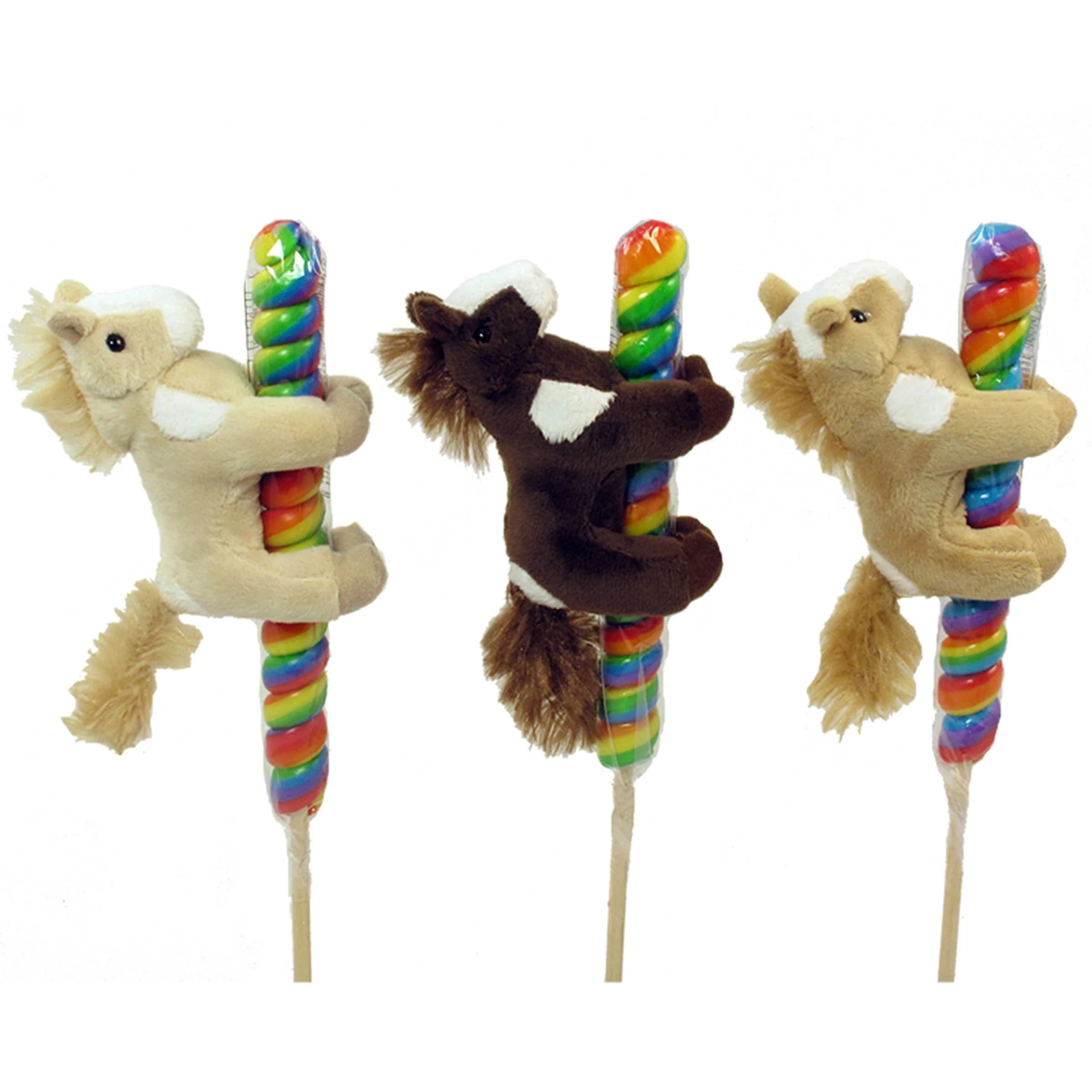 View of an assortment of 4" Plush Natural Horses On Pops on a white background
