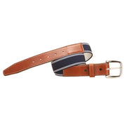 Full view of the Navy & White Tory Leather 1 1/2" Bridle Leather Elastic Belt on a white background