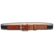 Full view of the Navy & White Tory Leather 1 1/2" Bridle Leather Elastic Belt on a white background