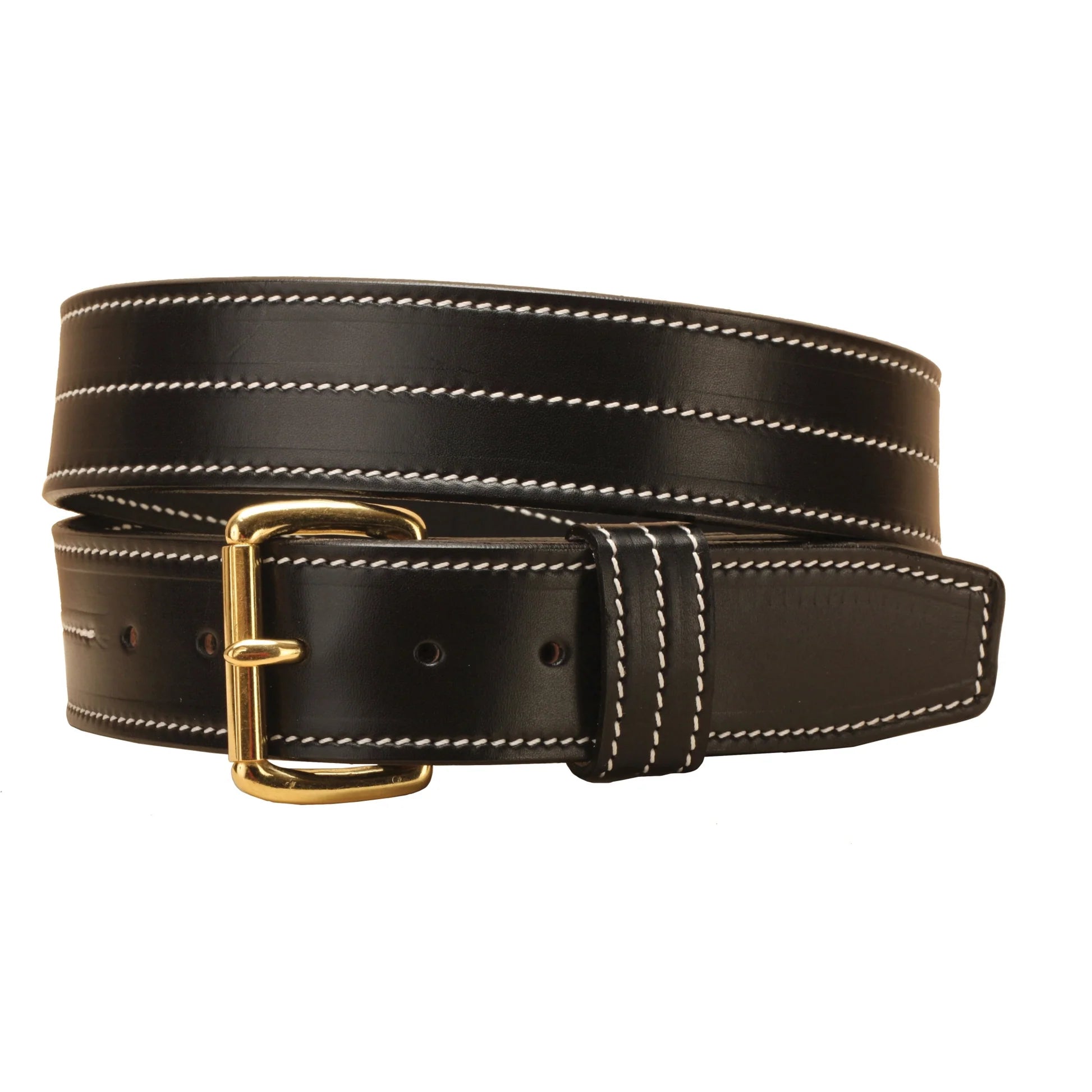Full view iof a rolled up Black Tory 1 3/4" Bridle Leather Triple Stitched Belt on a white background