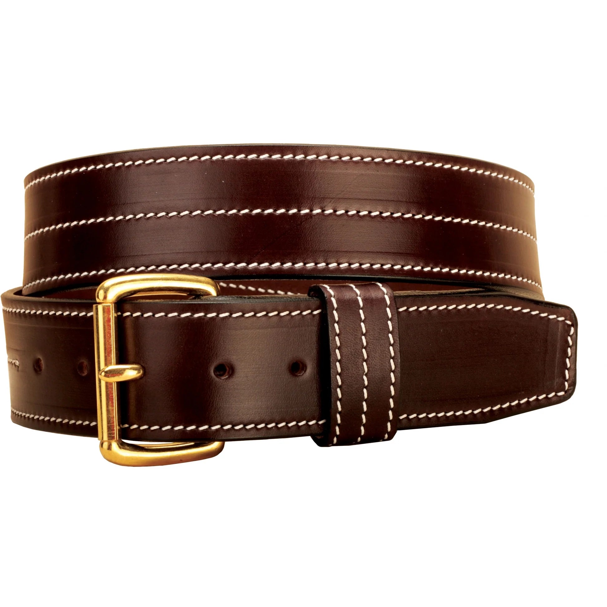 Full view iof a rolled up Havana Tory 1 3/4" Bridle Leather Triple Stitched Belt on a white background