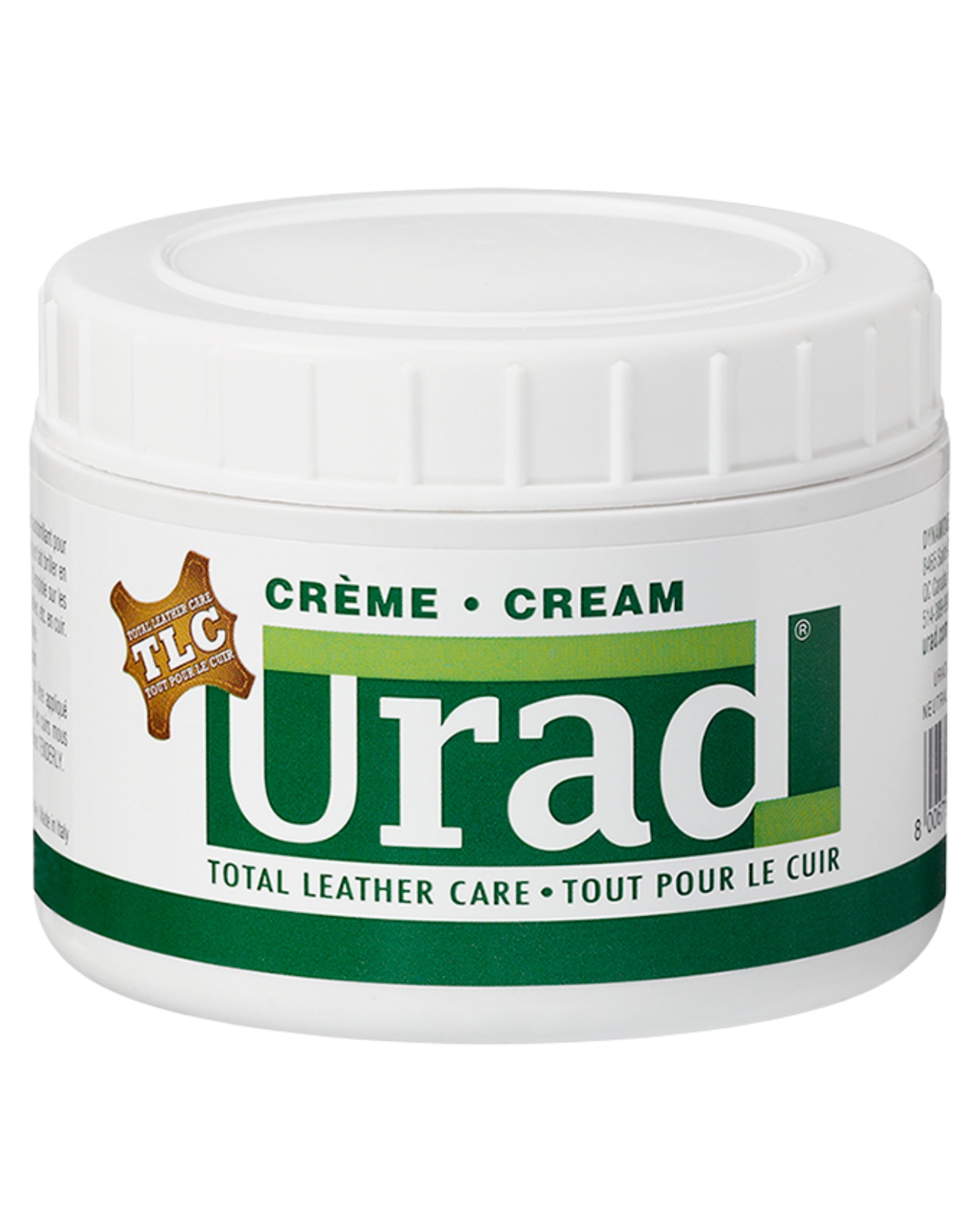 Front view of a 7oz container of Urad Total Leather Care Cream in neutral on a white background
