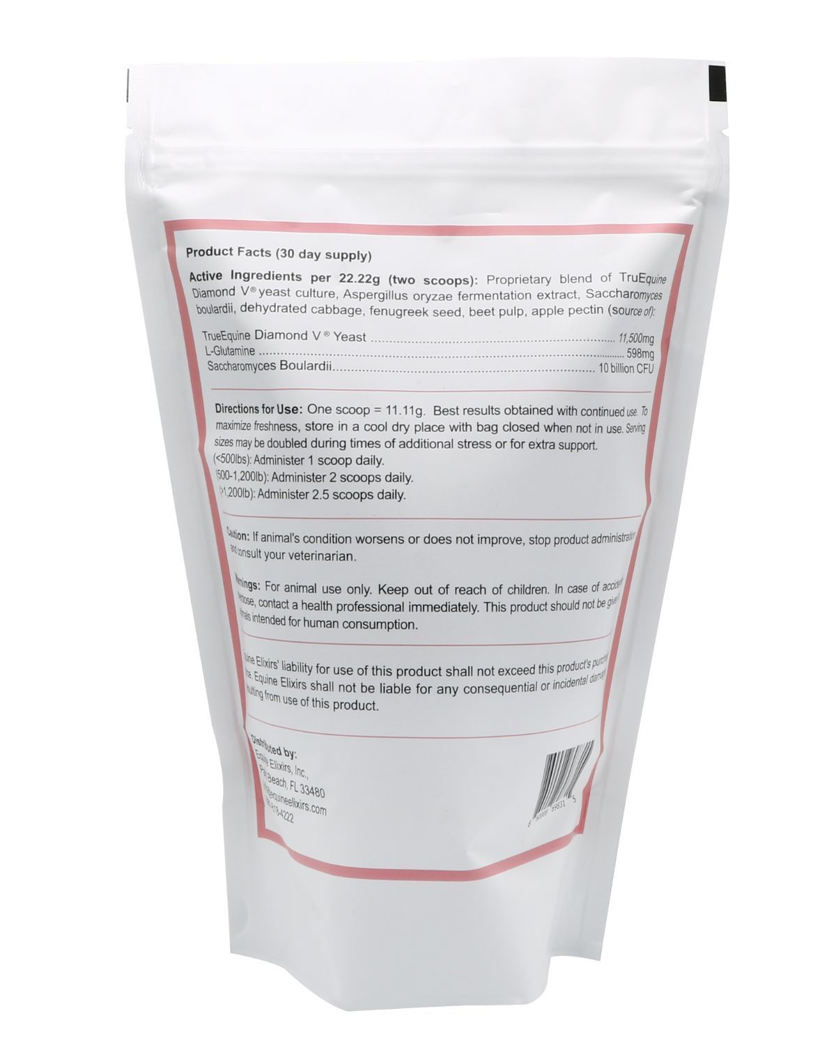 Back view of a Small bag of Equine Elixirs Symbiotic on a plain background