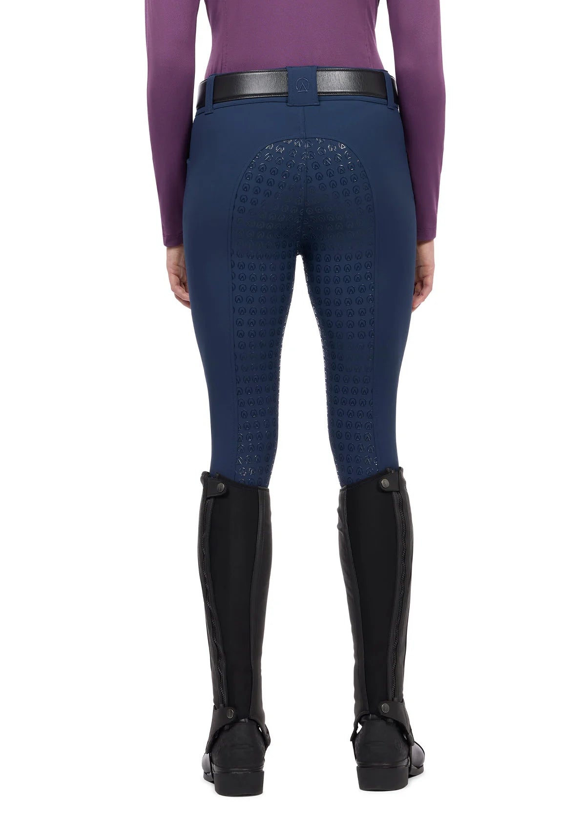 Back view of a model wearing the blue Kerrits Affinity Pro Full Seat Breech on a white background