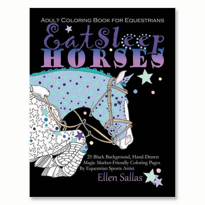 View of the cover of the Eat Sleep Horses Coloring Book on a white background