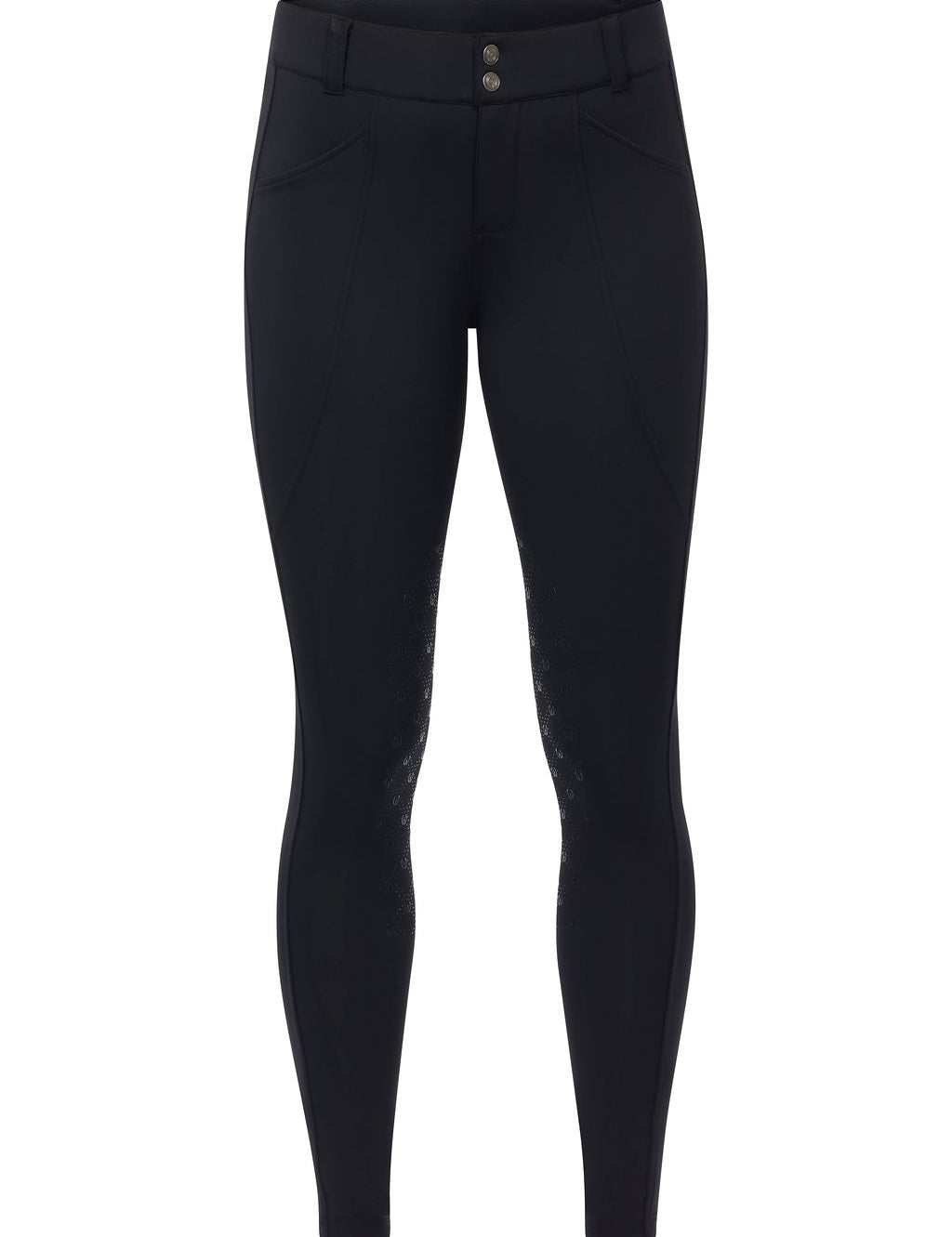 Front view of the Black Kerrits Free Motion Coolcore Knee Patch Breech on a plain background