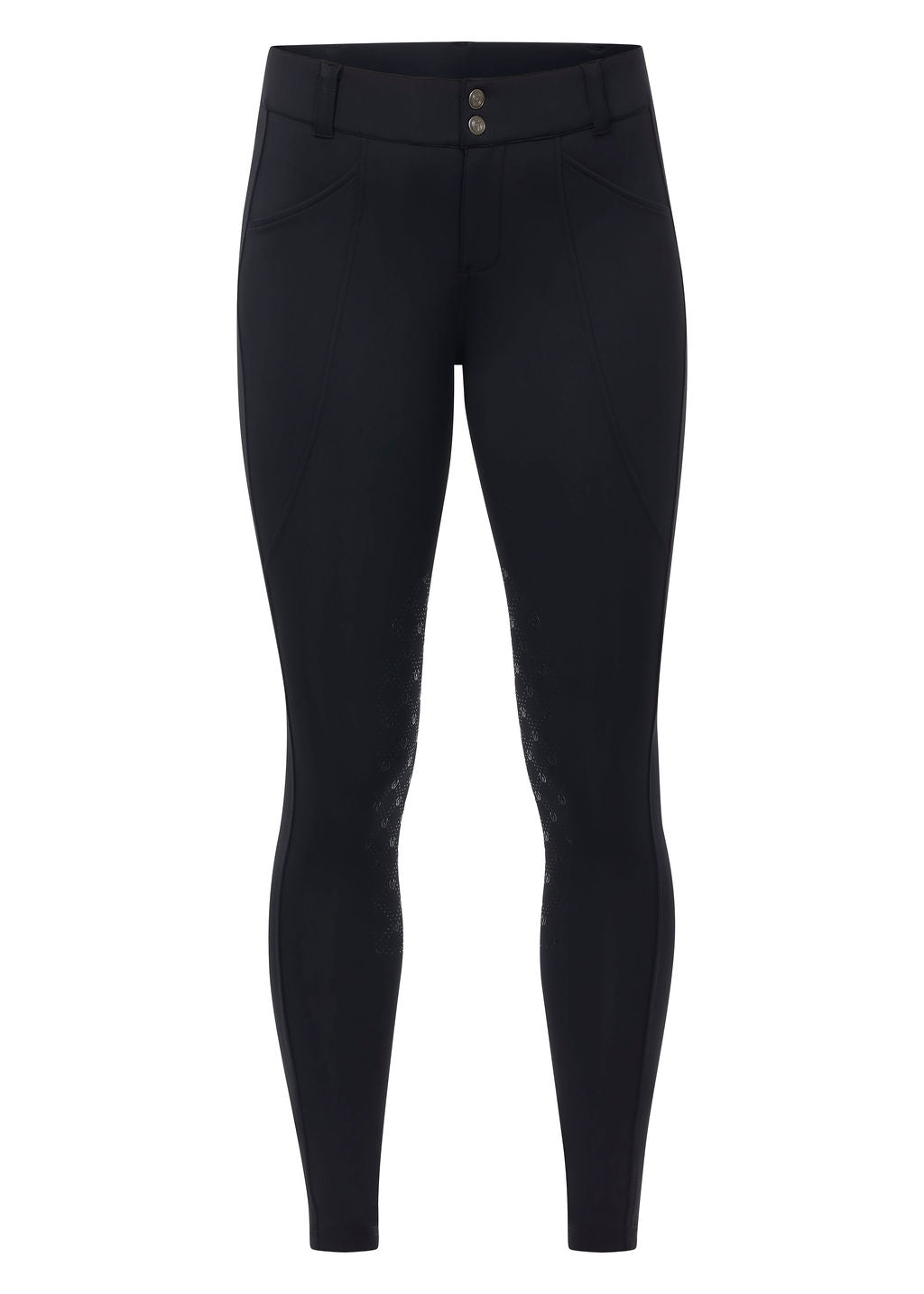 Front view of the Black Kerrits Free Motion Coolcore Knee Patch Breech on a plain background