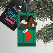Front view of the Bay Horse Barn Door Hunt Seat Paper Co Horse Ornament