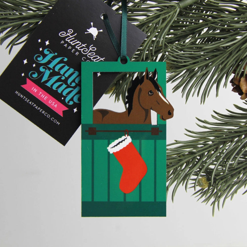 Front view of the Bay Horse Barn Door Hunt Seat Paper Co Horse Ornament