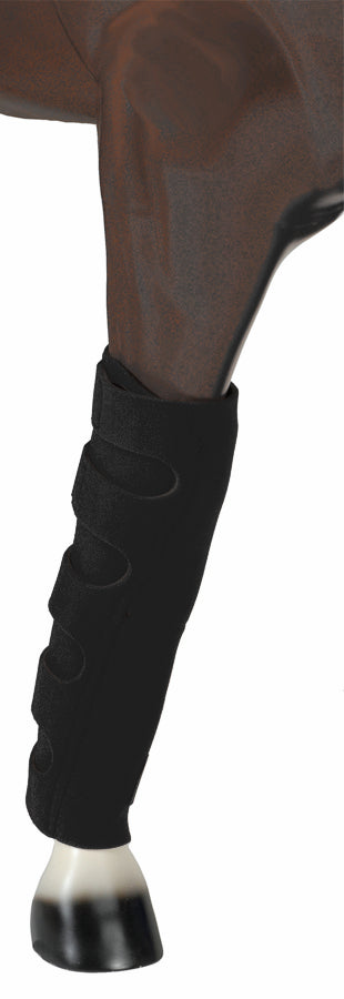 A black Jacks Neoprene 6 Pocket Ice Boot on a fake horse's leg on a white background