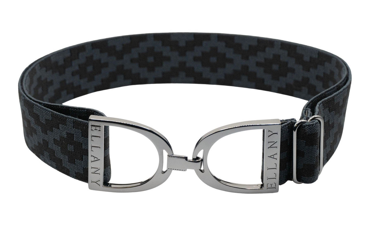 Full view of the charcoal/polo/gunmetal Ellany Elastic Stirrup Belt on a white background