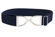 Full view of the Navy/Silver Ellany Elastic Stirrup Belt on a white background