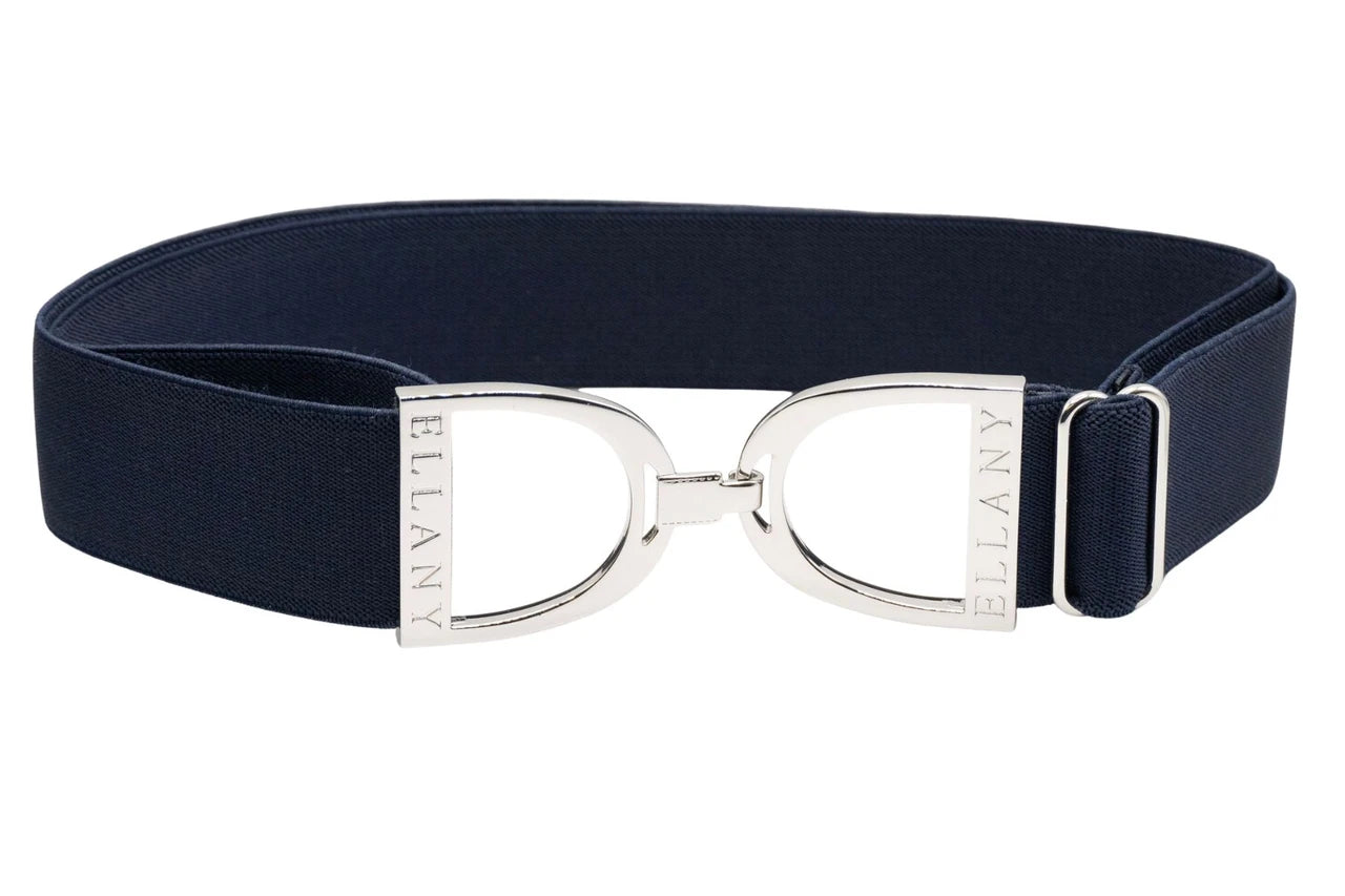 Full view of the Navy/Silver Ellany Elastic Stirrup Belt on a white background