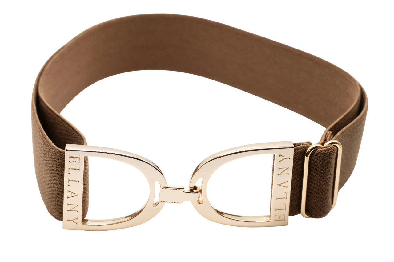 Full view of the Toffee/Gold Ellany Elastic Stirrup Belt on a white background
