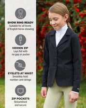 Infographic showing the features of the Kerrits Kids Stretch Competitor Show Coat next to a young female model wearing the Black version