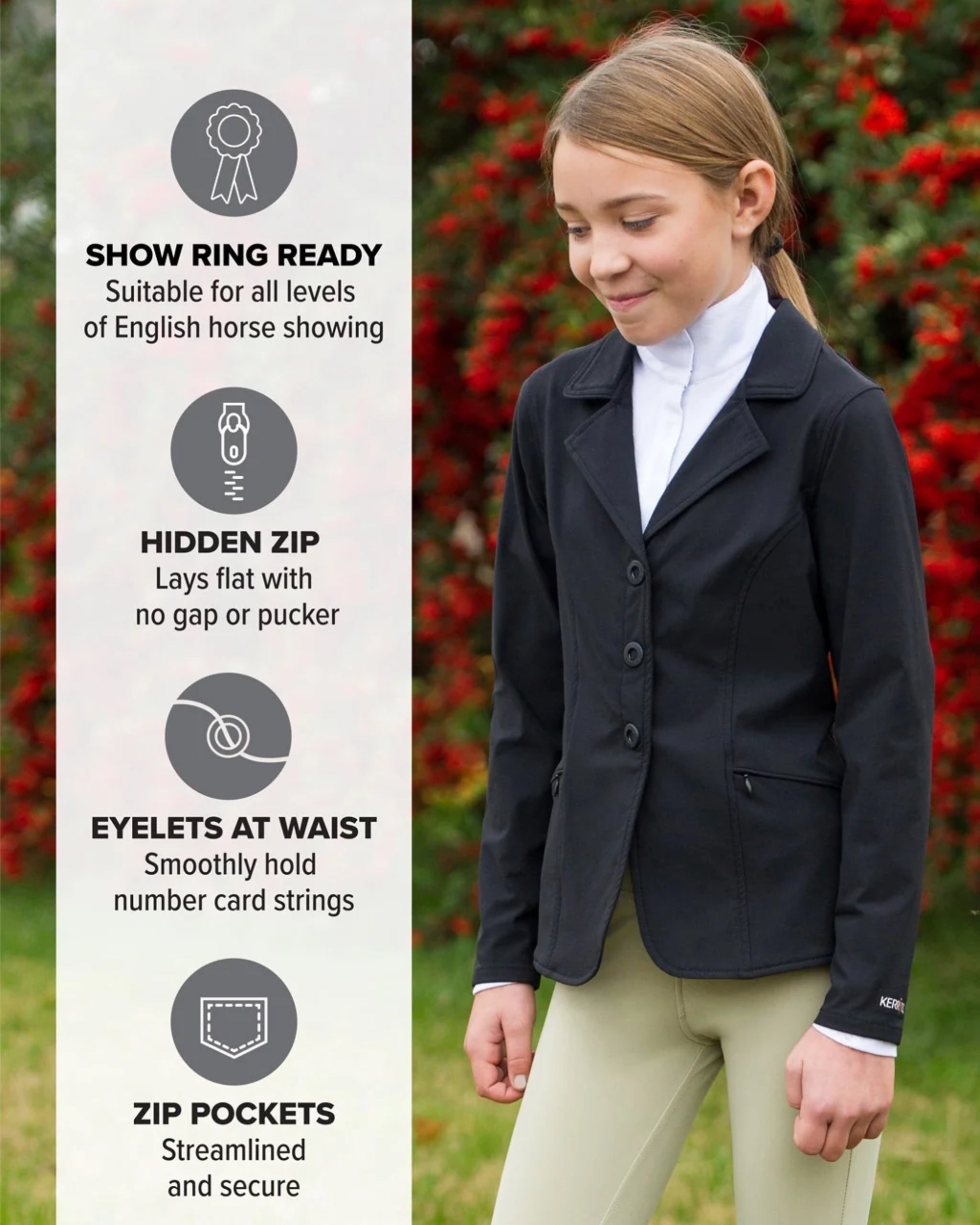 Infographic showing the features of the Kerrits Kids Stretch Competitor Show Coat next to a young female model wearing the Black version