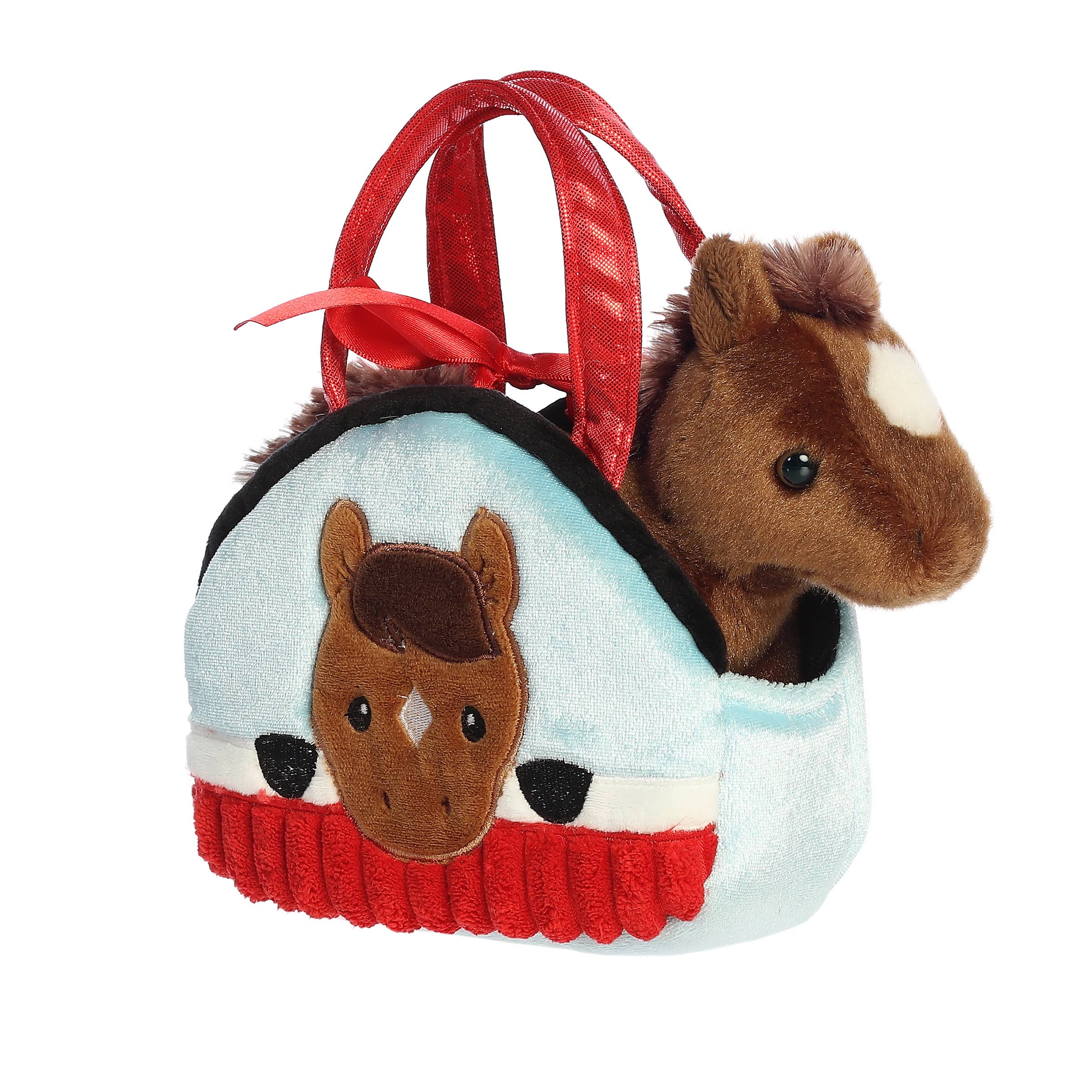 Angled front view of the 7" Plush Brown Pony in Peek-A-Boo in Sparkle Purse on a white background