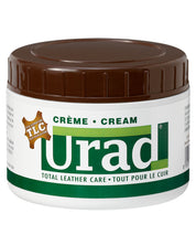 Front view of a 7oz container of Urad Total Leather Care Cream in brown on a white background