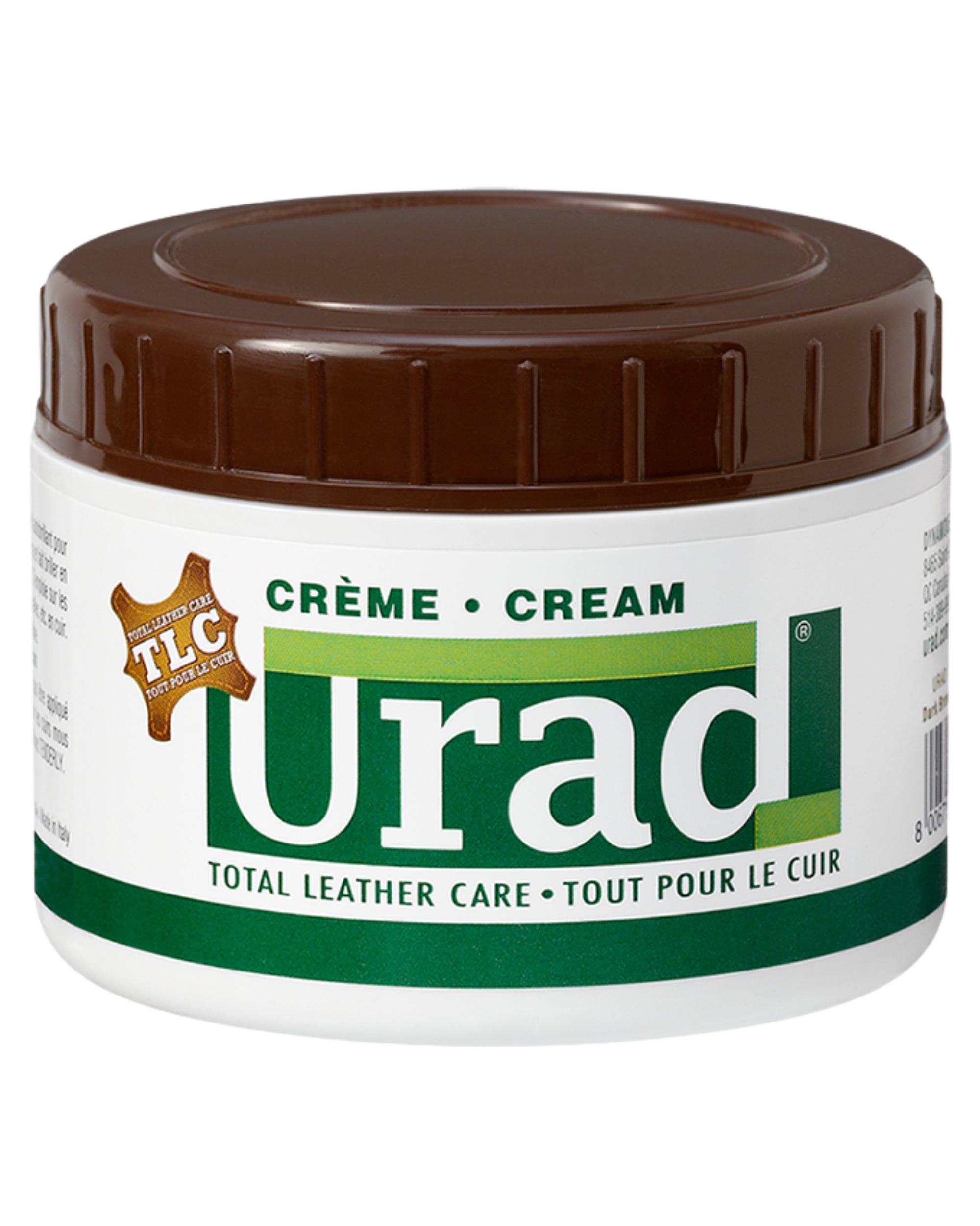 Front view of a 7oz container of Urad Total Leather Care Cream in brown on a white background