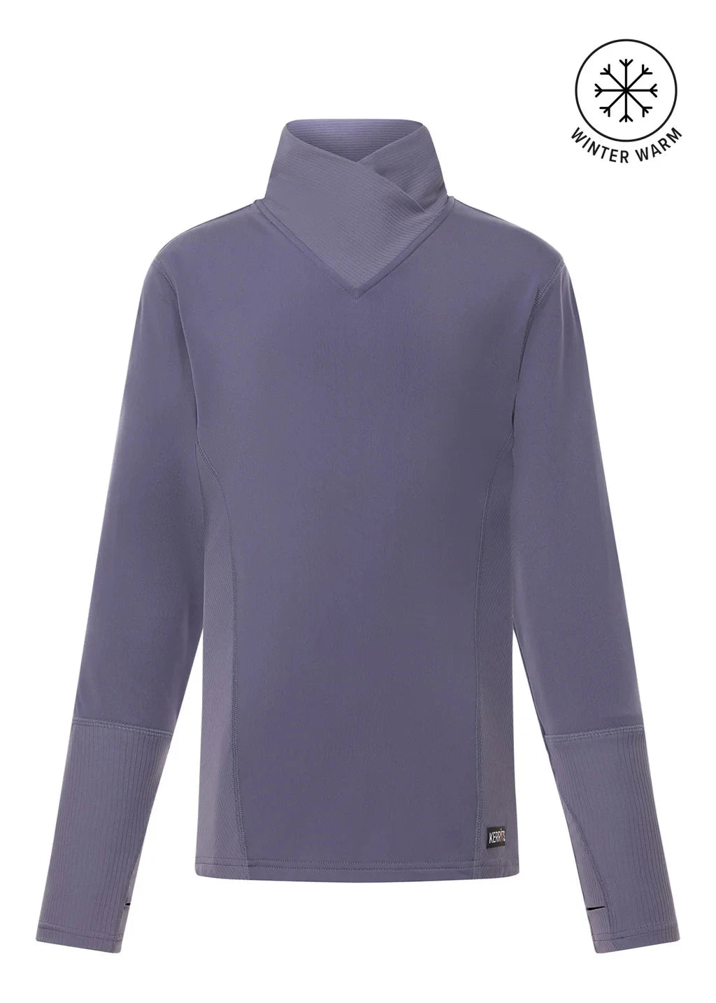 Light purple base layer top with mock neck shown on plain white background