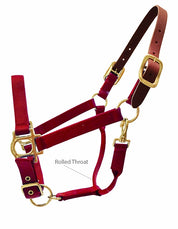 Side view of a Red Valhoma Breakaway Halter on a white background