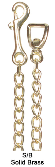 View of the snap and swivel attachment on the brass Jacks Stud Chain on a white background