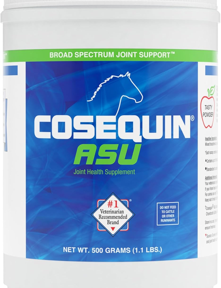 Front view of a 1.1 lbs container of Cosequin ASU Equine Joint Supplement Powder on a white background