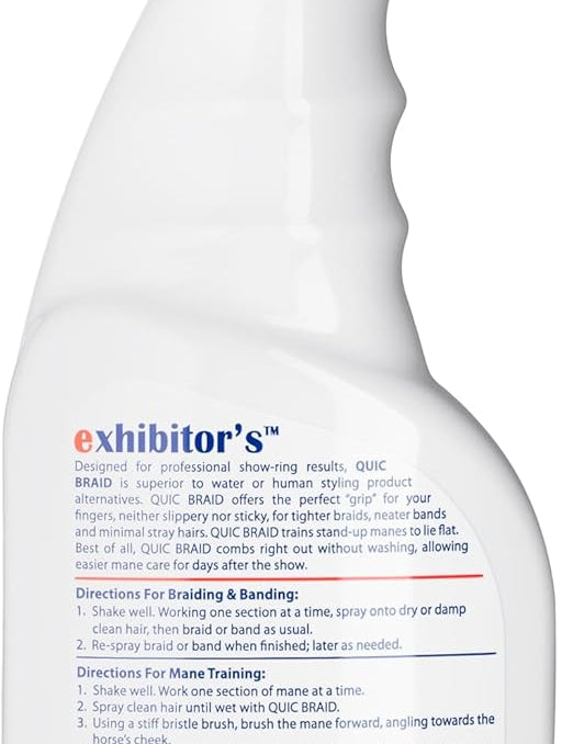Back view of a 16 oz spray bottle of Exhibitor Labs Quic Braid on a white background