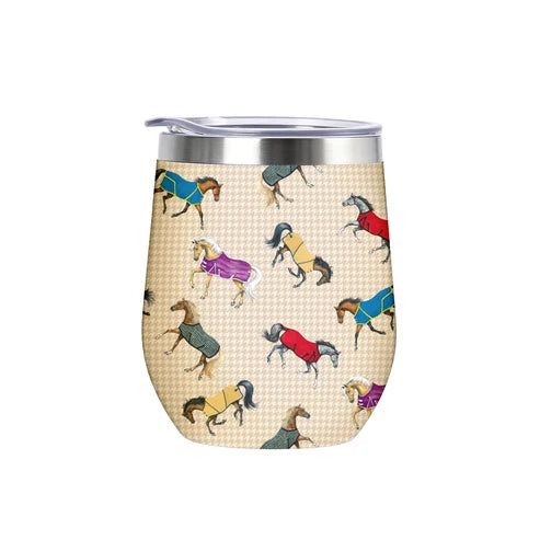 View of the Awst Int'l Lila Horses in Blankets 12 oz. Wine Tumbler on a white background