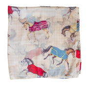 View of the folded AWST Int'l Lila Horses in Blankets Satin Scarf on a white background
