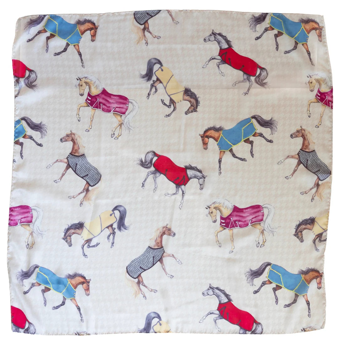 View of the AWST Int'l Lila Horses in Blankets Satin Scarf on a white background