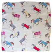 View of the AWST Int'l Lila Horses in Blankets Satin Scarf on a white background