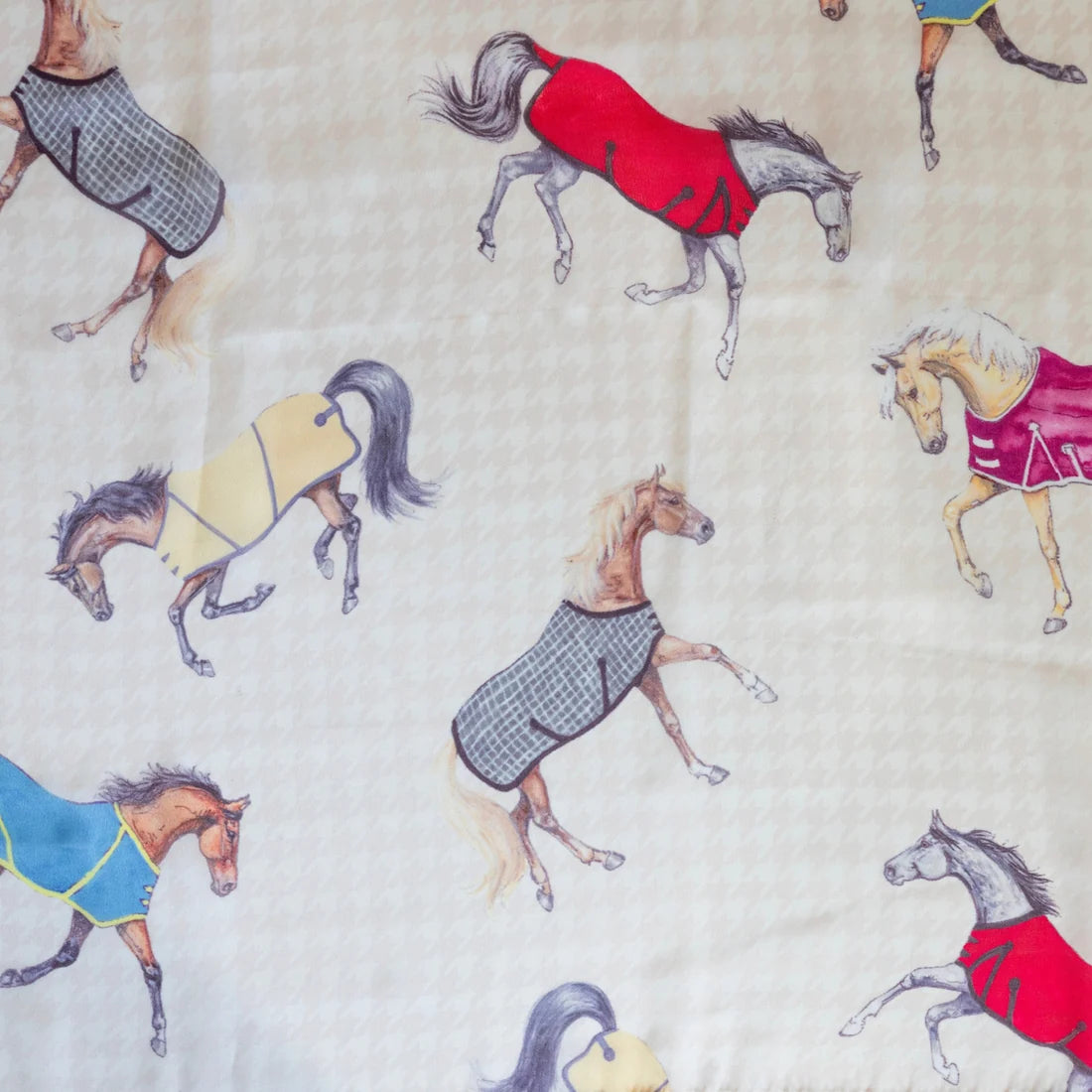 Close-up view of the AWST Int'l Lila Horses in Blankets Satin Scarf