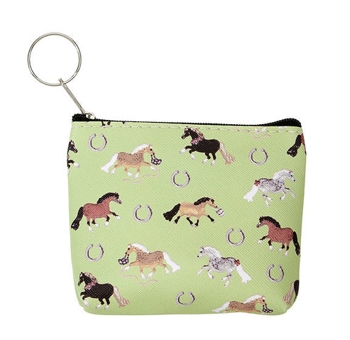 Front view of the Green AWST Int'l "Lila" Pony Puff Coin Purse on a white background