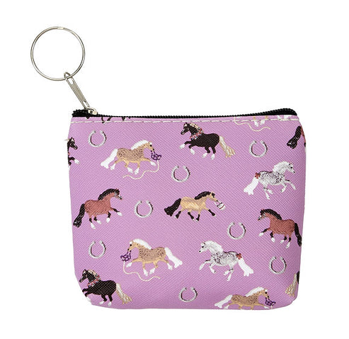 Front view of the Purple AWST Int'l "Lila" Pony Puff Coin Purse on a white background