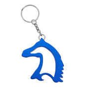 View of the Blue AWST Int'l Horse Head Key Chain Bottle Opener on a white background