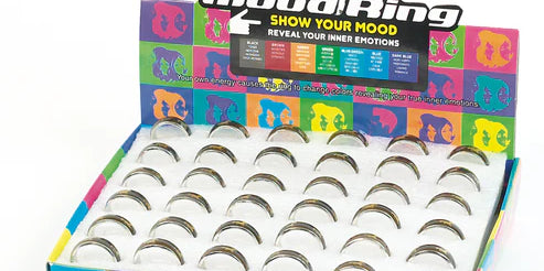 View of the AWST Int'l Horse Design Mood Band Ring display on a white background