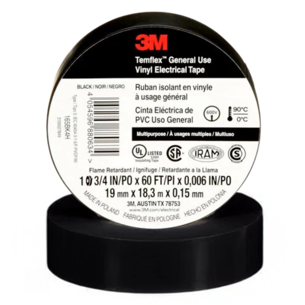 View of 2 rolls stacked of the Black 3M Temflex Vinyl Electrical Tape on a white background