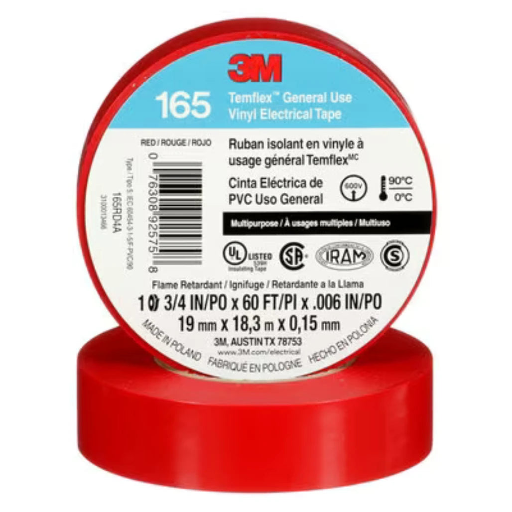View of 2 rolls stacked of the Red 3M Temflex Vinyl Electrical Tape on a white background
