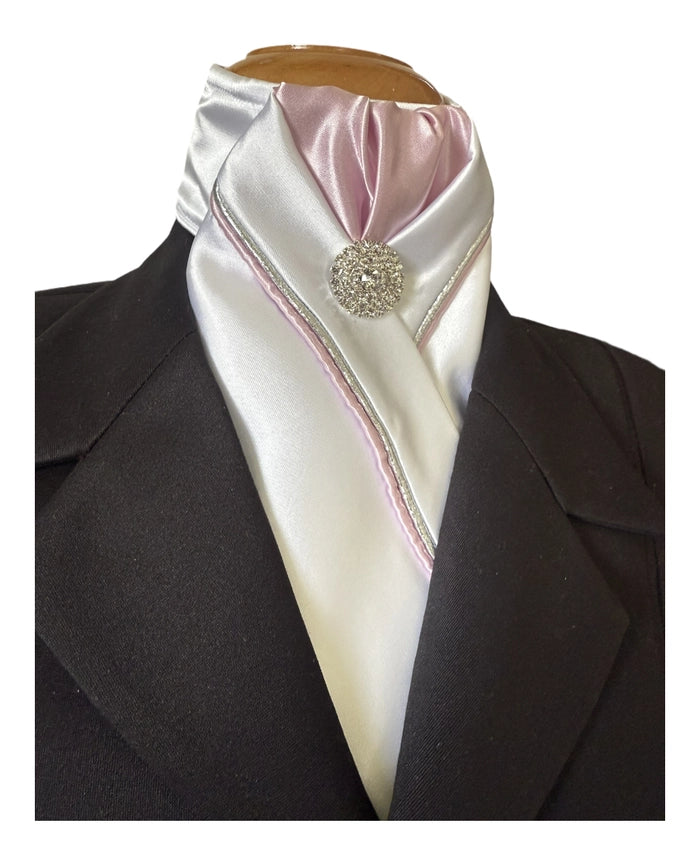 Angled front view of the Baby Pink Heavenly Horse Designs Pretied Satin Stock Tie