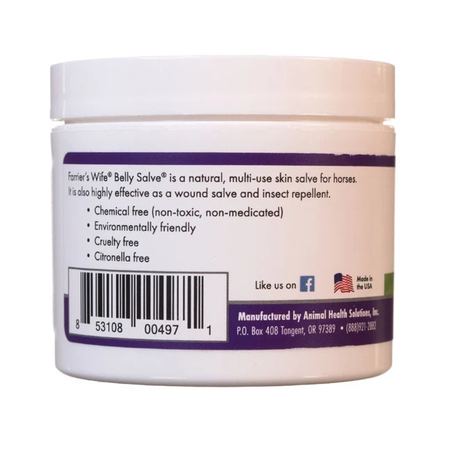 Side view of Farrier's Wife Belly Salve on a plain background showing the left side of the label