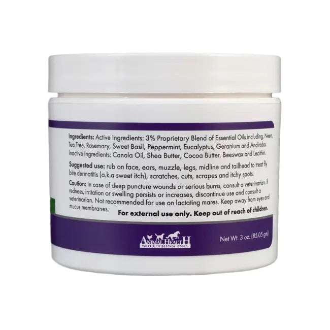 Side view of Farrier's Wife Belly Salve on a plain background showing the right side of the label including the ingredients and suggested use