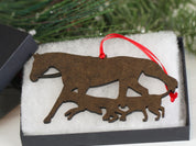 Angled back view of the Bay Classy Equine Horse & Hounds Ornament in its gift packaging