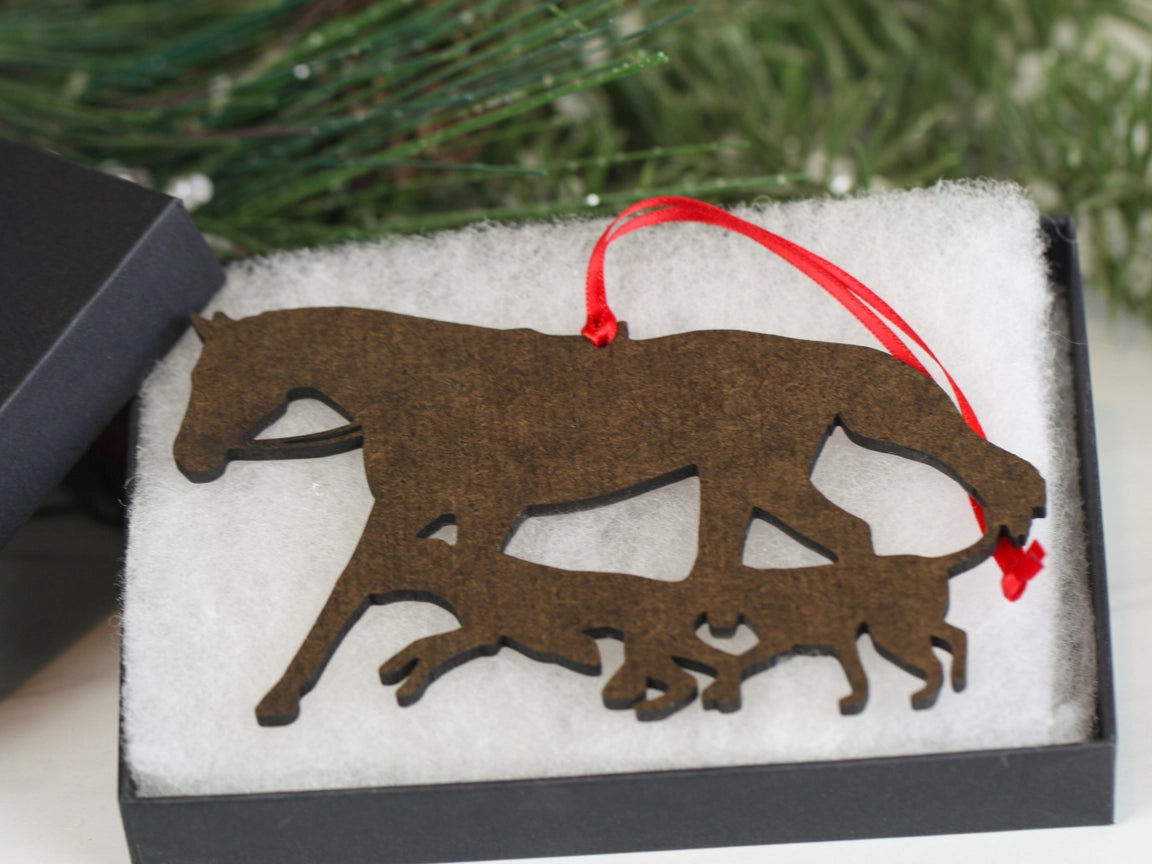 Angled back view of the Bay Classy Equine Horse & Hounds Ornament in its gift packaging
