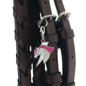 View of the Pony Power Dapplebay Bridle Charm on a brown bridle on a white background