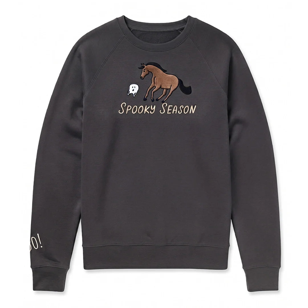 Front view of the Charcoal/Bay Dapplebay Spooky Season Sweatshirt on a plain background