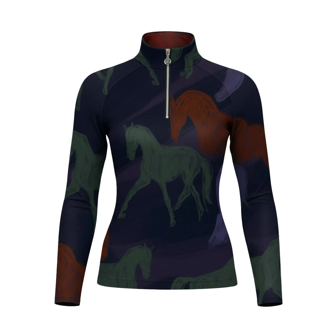 Front view of the Purple Dusk Dapplebay Abstract Horses 1/4 Zip Long Sleeve Riding Top on a plain background