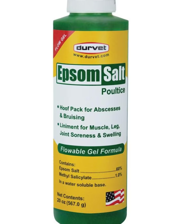 Front view of a 20 oz bottle of Durvet Flowable Gel Epsom Salt Poultice on a white background