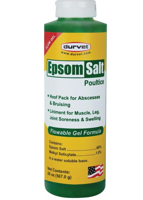 Front view of a 20 oz bottle of Durvet Flowable Gel Epsom Salt Poultice on a white background