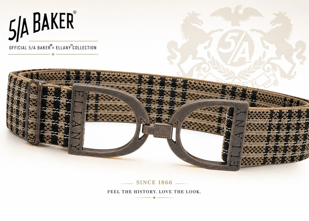 Full view of the Baker Plaid Copper Ellany Elastic Stirrup Belt on a white background with decorative accents and text "Feel the history. Love the look."